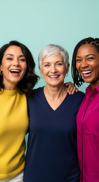 Three women of diverse ethnicities and ages laugh together, showcasing joy, friendship, and unity, representing positive human connection and intergenerational bonds.
