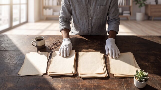 Indie Publisher Organizing Manuscript Pages on Desk for Editorial Use