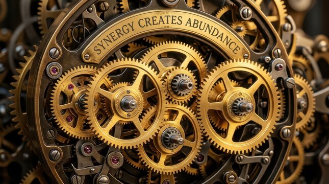 Intricate Clockwork Mechanism with Gears and Cogs, Symbolizing Synergy and Abundance