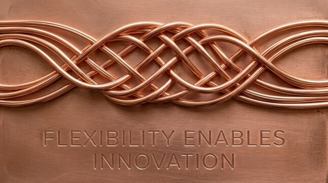 Intricate copper wire art with embossed text "FLEXIBILITY ENABLES INNOVATION"