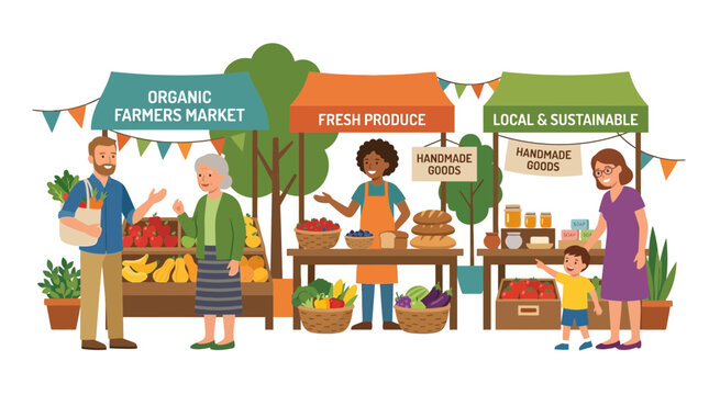 Diverse people shopping at a vibrant farmers market with fresh produce and handmade goods.