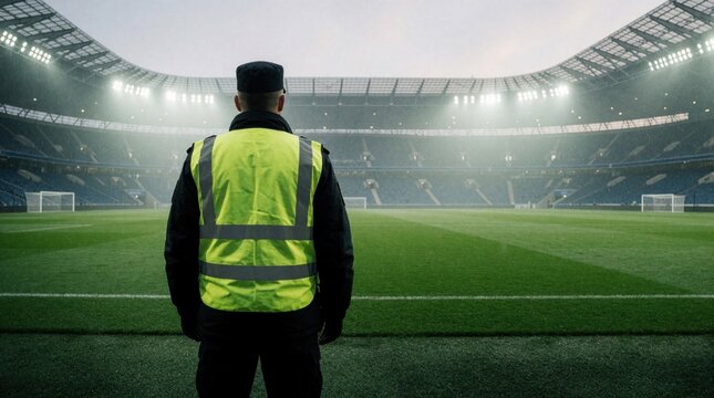 Security guard in neon vest stands on football pitch. Pro officer monitors empty large sports arena during daytime. Man in uniform performs surveillance duty at stadium. Safety person watches over