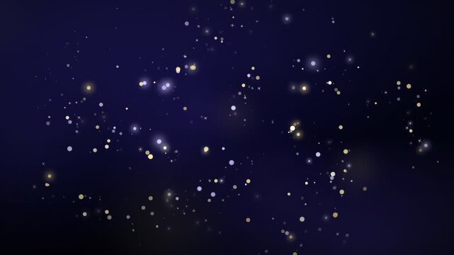 Abstract shimmering gold and silver particles floating in a deep blue cosmic space background