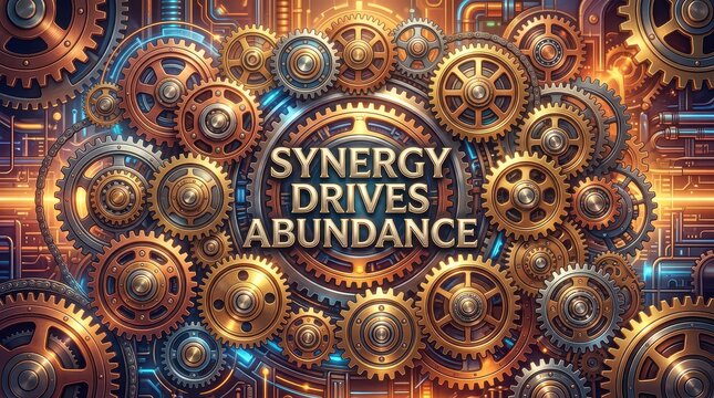 Intricate Gears and Cogs Forming a Complex Mechanism with Text Synergy Drives Abundance