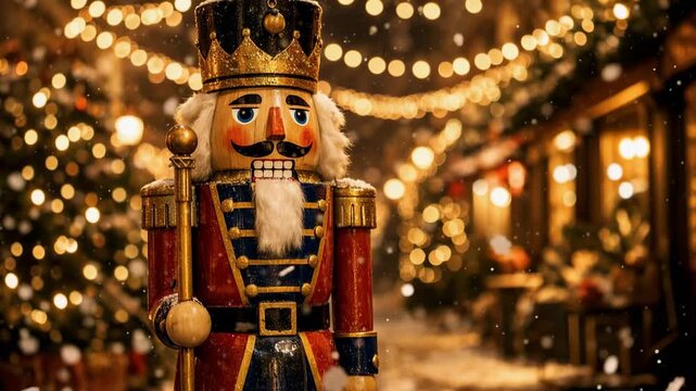 Wooden nutcracker soldier toy standing in a festive christmas market with warm bokeh lights and gentle falling snow. charming holiday display and nostalgia.