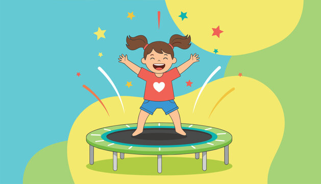 A joyful young girl jumping with excitement on a backyard trampoline surrounded by colorful stars and confetti.