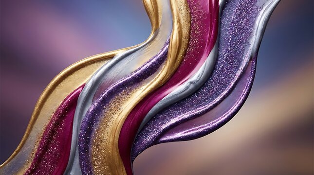 Abstract flowing waves of gold purple and silver metallic paint texture. glitter makeup guides