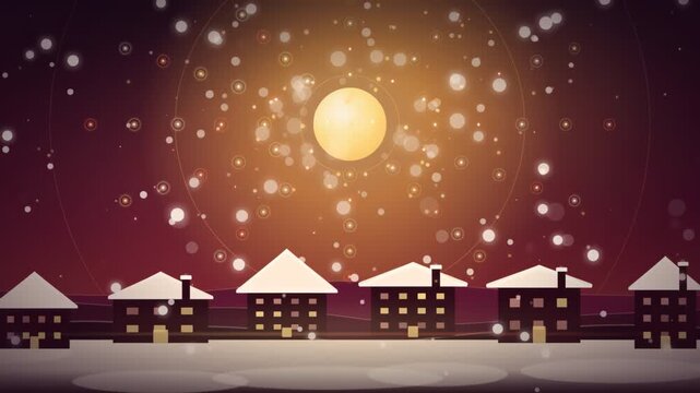 Animated winter night scene with falling snow over a small village under a glowing moon