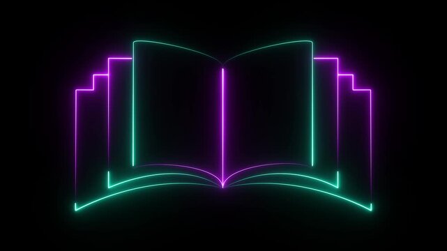 A glowing, open book icon with cyan and purple neon lines on a dark background.