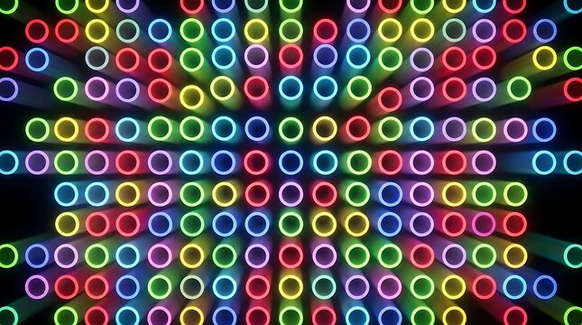 Colorful neon lights in a grid pattern on a dark background