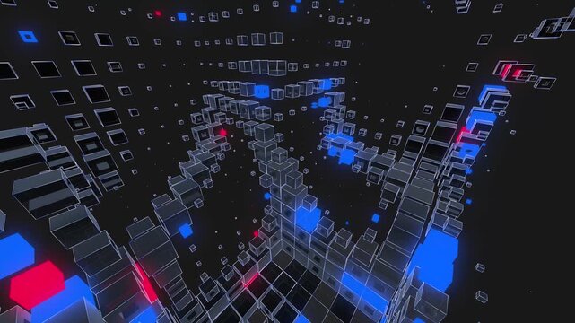 Dark geometric wireframe cubes, architectural block structures, and vibrant neon glowing nodes in blue, red, green, and multi-colored hues.
