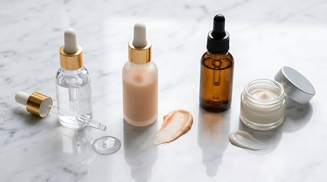 Beauty serum and face cream bottles with skin care product samples on a marble table. beauty primer variety