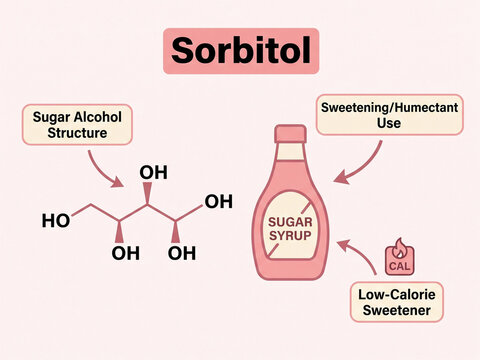 Sorbitol chemical formula and molecular structure diagram paired with a pink syrup bottle graphic showing low-calorie sweetener and humectant applications in food manufacturing.