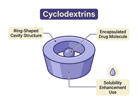Cyclodextrins ring-shaped cavity structure diagram illustrating drug molecule encapsulation and solubility enhancement properties for advanced pharmaceutical delivery systems.