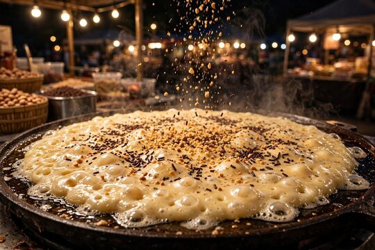 Martabak manis sweet pancake cooking on a hot griddle with toppings