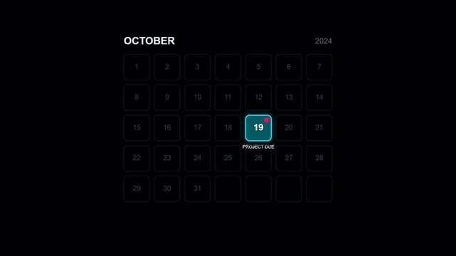 Digital Calendar Animation: October 19th Project Due Date Highlighted