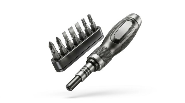 Black screwdriver with interchangeable bits set isolated on a white