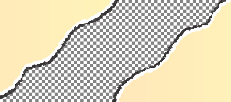 Yellow Torn Paper Frame Border with Diagonal Ripped Edges and Shadow Isolated on Transparent Background for Design