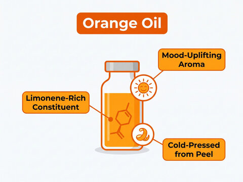 Essential orange oil bottle vector graphic detailing limonene rich constituent, mood uplifting aroma, and cold pressed extraction from peel.