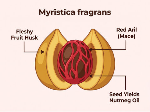 Nutmeg diagram showing the anatomy of Myristica fragrans featuring the fleshy fruit husk and the red aril mace covering the seed.