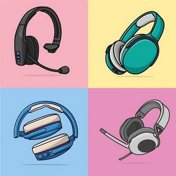 Set of four modern gaming headsets and headphones with microphone presented in colorful pastel grid layout for audio and podcast vector design.   