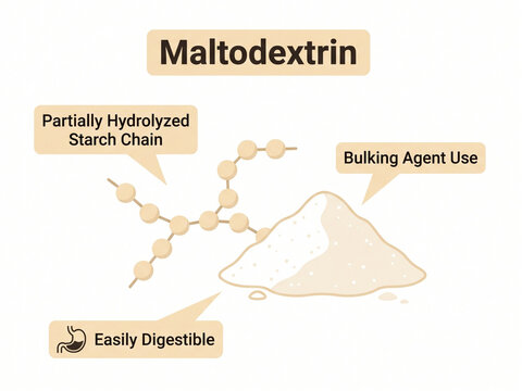 Maltodextrin carbohydrate powder illustration displays molecular structure and nutritional properties with informative callouts in a clean layout.