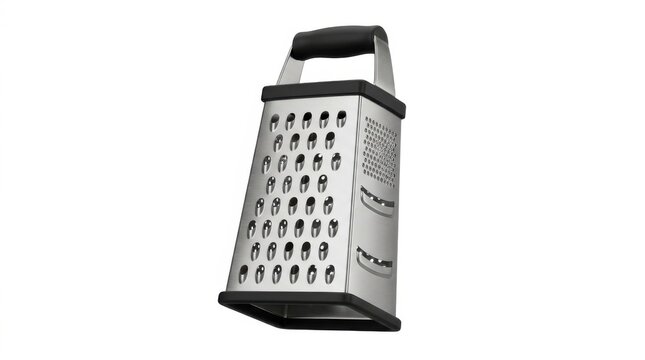 Stainless steel box grater for food preparation isolated on a white