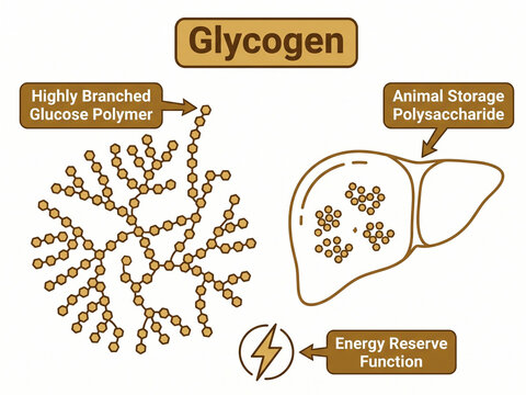 Glycogen molecule structure diagram showing highly branched glucose polymer formations inside an animal liver alongside an energy reserve function icon.