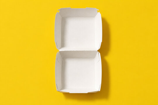 Open empty white burger box, top view, blank white branding presentation mockup on colorful yellow background, modern design