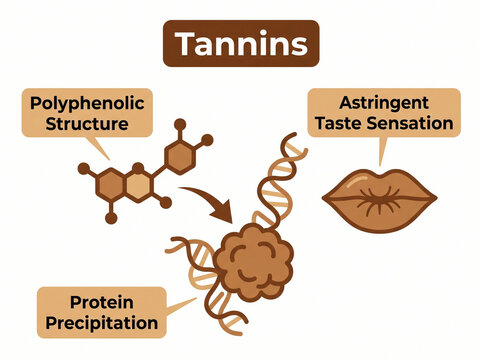 Tannins biological properties infographic detailing polyphenolic structure protein precipitation and astringent taste sensation mechanisms.