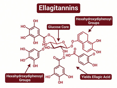 Ellagitannins chemical structure illustration featuring a central glucose core surrounded by hexahydroxydiphenoyl groups yielding ellagic acid.