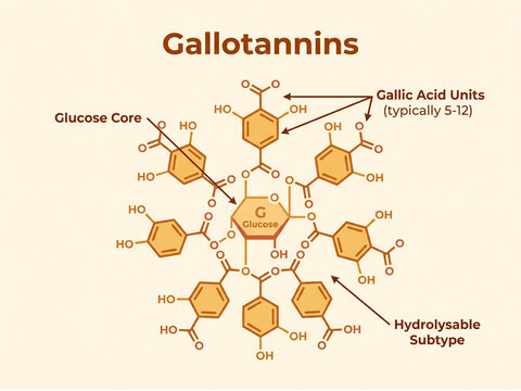 Gallotannins chemical structure breakdown illustrating glucose core surrounded by multiple gallic acid units and hydrolysable subtype bonds.