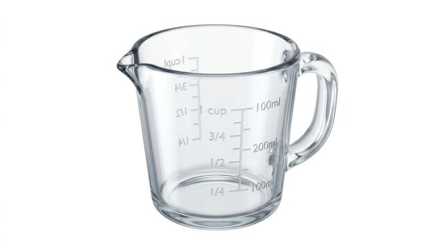 Empty glass measuring cup with metric and imperial markings on a