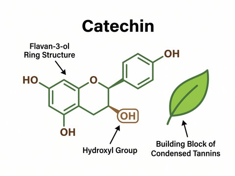 Catechin chemical structure diagram showing the flavan-3-ol ring configuration and hydroxyl groups alongside a green leaf illustration.