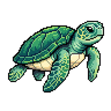 Cute Green Sea Turtle Swimming Pixel Art, Adorable Swimming Turtle Retro Pixel Ocean Design