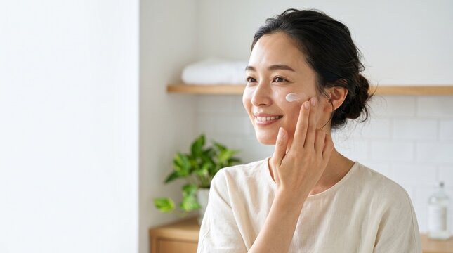 Japanese woman applying moisturizing skincare cream