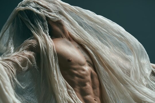 Man's torso and face partially covered by plastic film, symbolizing pollution and suffocation