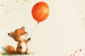 Fototapeta premium Adorable fox character holding a festive orange balloon, celebrating joy and innocence