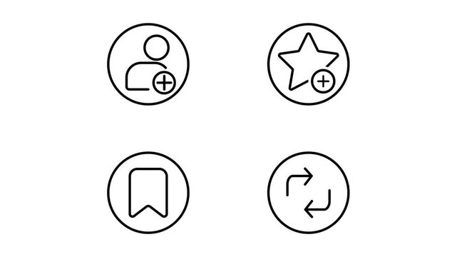 Seamless looping user interaction icon set displaying social profile bookmark favorite repost graphics on transparent background for presentations.