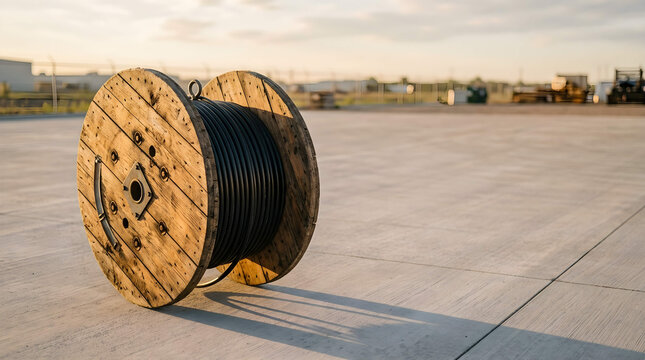 Weathered wooden spool holding thick black cable against expansive industrial rooftop, concept for energy infrastructure, power transmission, and smart grid integration