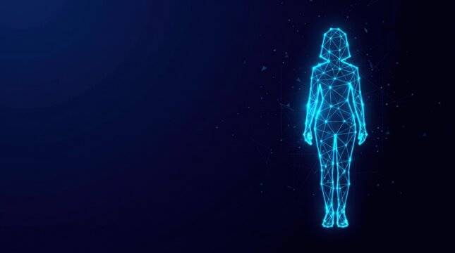Futuristic glowing blue wireframe human in digital plexus hologram style, representing artificial intelligence and advanced cyber technology on dark gradient background
