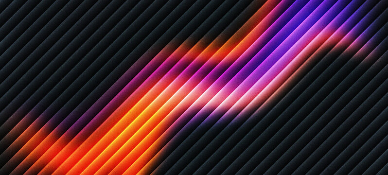 Abstract dark background with diagonal stripes illuminated by vibrant orange and purple neon glowing light waves