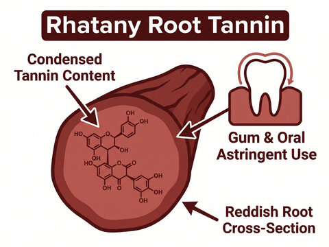 Rhatany root tannin chemical composition and cross section diagram detailing condensed tannin content and oral gum astringent use for dental health.