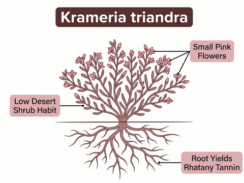 Krameria triandra desert shrub illustration highlighting small pink flowers, low growing habit, and extensive root system yielding medicinal rhatany tannin.