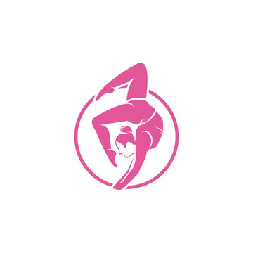 Minimalist pink silhouette of a flexible woman pole dancing or doing gymnastics in a circle. Ideal for dance studios, fitness centers, yoga, wellness, and boutique brands.