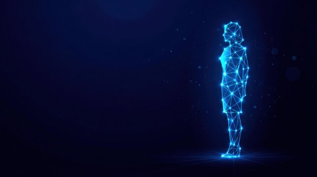 Futuristic glowing blue wireframe human silhouette in digital plexus hologram style, representing artificial intelligence and futuristic cyber technology on dark gradient background