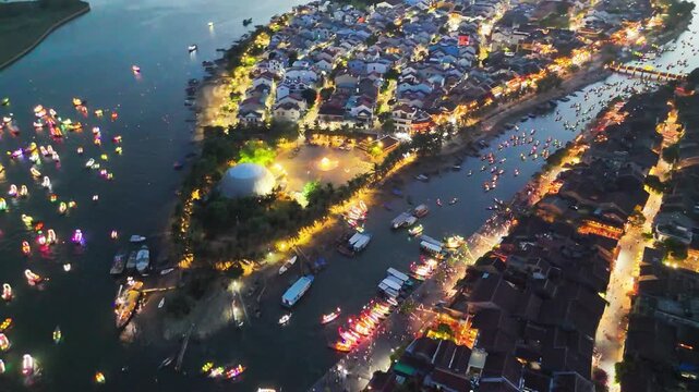 High angle drone perspective of Hoi An river filled with