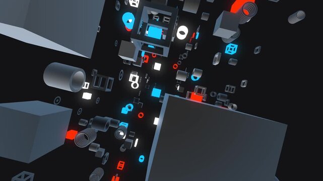 Geometric wireframe cubes, floating machinery parts, and vibrant glowing red, blue, and white neon nodes.
