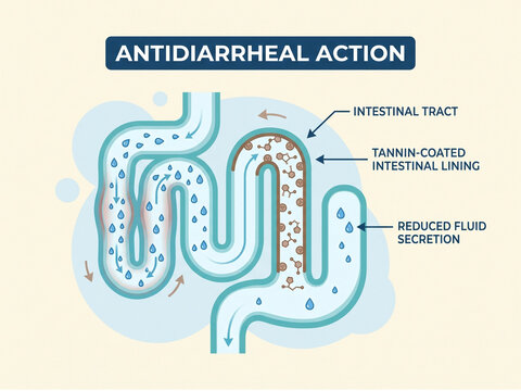 Antidiarrheal action diagram demonstrating intestinal tract mechanics with tannin-coated lining and reduced fluid secretion in the human gut system.