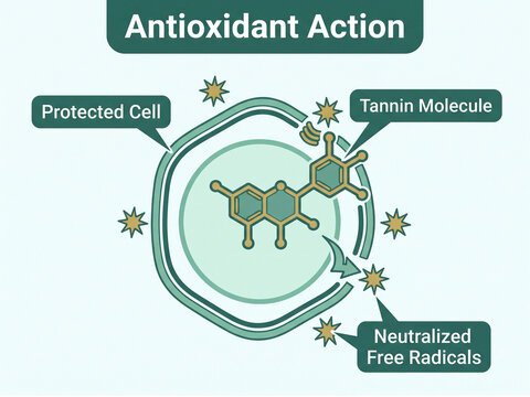 Antioxidant action diagram depicting a tannin molecule neutralizing free radicals and protecting a healthy cell.
